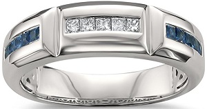 14k White Gold Princess-cut Diamond & Blue Sapphire Men's Wedding Band Ring