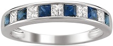 14k White Gold Princess-cut Diamond and Blue Sapphire Wedding Band Ring