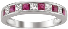 14k White Gold Princess-cut Diamond and Red Ruby Wedding Band Ring