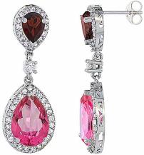 14K White Gold Natural Pink Topaz and Garnet Teardrop Earrings White Sapphire & Diamond