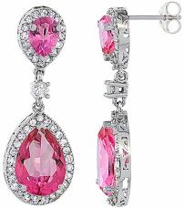 14K White Gold Natural Pink Topaz Teardrop Earrings White Sapphire & Diamond