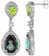 14K White Gold Natural Mystic Topaz & Peridot Teardrop Earrings White Sapphire & Diamond