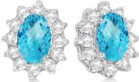 2.05ctw Kate Middleton Fashion Natural Oval-Cut Blue Topaz and Diamond Accented Stud Earrings 14k White Gold