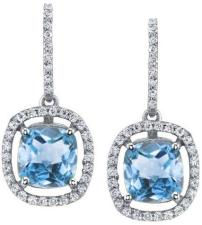 14k Gold Blue Topaz and Diamond Halo Drop Earrings