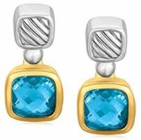 18K Yellow Gold and Sterling Silver Drop Earrings with Bezel Set Blue Topaz