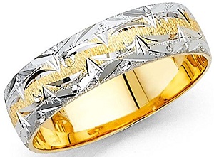 Wellingsale 14k Two 2 Tone White and Yellow Gold Polished Satin 6MM Diamond Cut Comfort Fit Wedding Band Ring