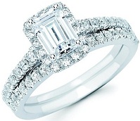  14k White Gold 1.33 c.t. TW Emerald Cut Diamond Halo Wedding Engagement Ring Set