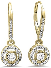 14K Gold Round Cut Diamond Ladies Cluster Halo Style Dangling Drop Earrings