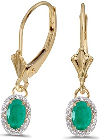10k Yellow Gold Oval Emerald And Diamond Leverback Earrings