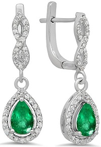 14K White Gold And Gemstone Emerald Ladies Halo Style Dangling Drop Earring