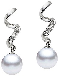14k White Gold AAA Quality White Freshwater Cultured Pearl Diamond Dangle Earrings