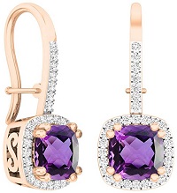 10K Rose Gold 6 MM Each Cushion Gemstone Amethyst & Round White Diamond Ladies Dangling Drop Earrings