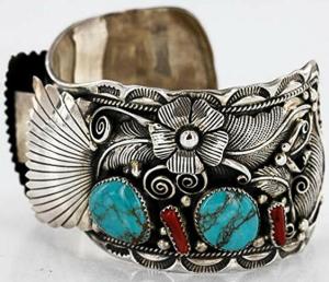 Collectable Handmade Certified Authentic Navajo .925 Sterling Silver Coral Turquoise Signed Native American Watch Cuff Bracelet