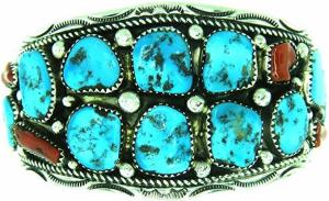 By Navajo Artist Marie Thompson: Beautiful! Genuine Turquoise & Coral Men's Bracelet