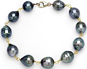 14k Yellow Gold 8-10mm Black Baroque Tahitian Cultured High Luster Pearl Bracelet 