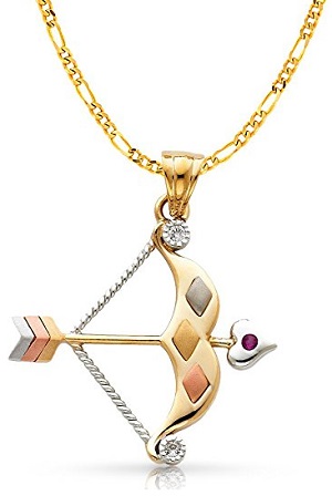14K Tri Color Gold Cubic Zirconia CZ Bow & Arrow Charm Pendant with 3.8mm Figaro Necklace