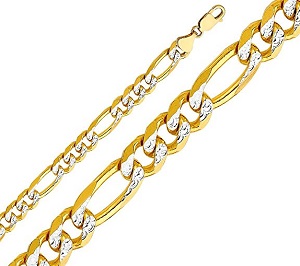 14k Yellow Gold SOLID 9.5mm Polished Figaro 3+1 White Pave Diamond Cut Chain Necklace