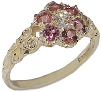 10k White Gold Natural Diamond & Pink Tourmaline Womens Vintage Daisy Ring 