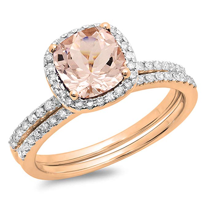 10K Rose Gold Cushion Cut Morganite & Round Cut White Diamond Ladies Bridal Halo Engagement Ring Set