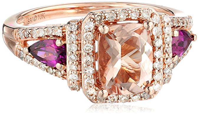 10k Pink Gold Morganite, Rhodolite and Diamond Ring