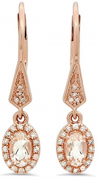 10K Rose Gold 5X3 MM Each Oval Morganite & Round White Diamond Ladies Halo Style Dangling Earrings