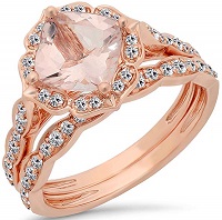 14K Rose Gold 7.5 MM Cushion Morganite & Round Diamond Ladies Bridal Engagement Ring Set