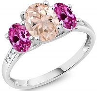 10K White Gold Diamond Accent Oval Peach Morganite Pink Created Sapphire 3-Stone Ring 2.00 Ct