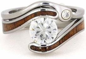 Charles & Colvard Forever One Moissanite, Koa Wood Titanium Engagement Ring and Shadow Wedding Band