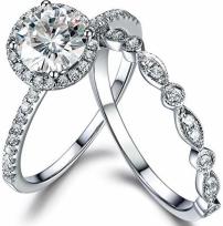 2 Moissanite Bridal Set,Engagement Ring White gold,Diamond wedding band,14k,6.5mm Round Cut,Gemstone Promise Ring