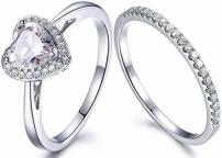2pcs Moissanite Wedding Ring Set,6.5mm Heart Shaped 14k White Gold Halo Plain Band Diamond Matching Band