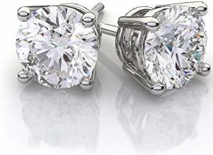 Large 2 Carat 6.00mm Round Moissanite Screw Back Prong Set solid 14K White Gold Stud Earrings