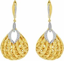14k Yellow Gold White Rhodium, Fancy Basket Design Filigree Earring Created CZ Crystals
