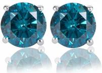 Blue Diamond Solitaire Screw Back Stud Earrings Pair in 14k White Gold