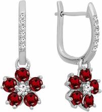 14K White Gold Round Blue Sapphire & Diamond Ladies Cluster Flower Dangling Drop Earrings