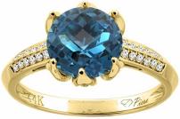 14K Gold Natural Blue Sapphire Ring Round 8 mm Diamond Accents