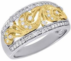 10K Two Tone Gold Diamond Ladies Filigree Milgrain Anniversary Ring Wedding Band 0.36 Cttw