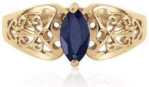 14k Yellow Gold Filigree Ring with Natural Marquis-shaped Sapphire