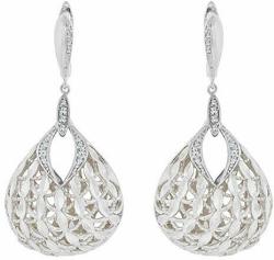 14k Gold White Rhodium, Fancy Basket Design Dangling Filigree Earring Created CZ Crystals