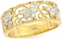 10k Solid Yellow Gold Filigree Leaf Design CZ Band Ring