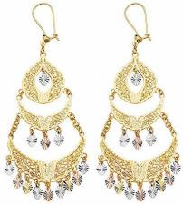 14K White Yellow And Rose Gold Filigree Hanging Chandelier Dangle Womens Earrings