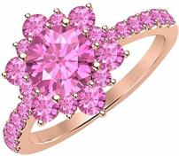 Women's 14K Rose Gold Created Pink Sapphire Engagement Wedding Cluster Flower Ring .925 Sterling Silver