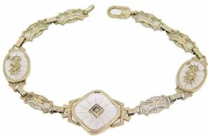 14k Gold Filigree Art Deco Genuine Rock Crystal Bracelet with Diamonds