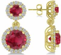 Two Stone Dangling Ruby and Halo Diamond Earrings set in 14k Yellow Gold (3.00ct)