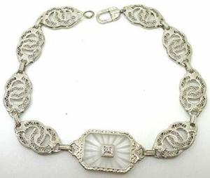 Filigree Art Deco 10K White Gold Genuine Natural Camphor Bracelet