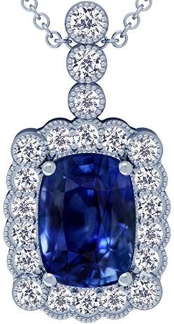 Platinum Cushion Cut Blue Sapphire And Round Diamond Pendant (GIA Certificate)