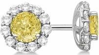 Halo Yellow Diamond and Diamond Stud Earrings 14kt White Gold 2.02ct