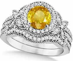 Bridal Set Butterfly Diamond and Yellow Sapphire Engagement Ring and Wedding Band 14k White Gold (1.58ct)