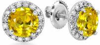 3.00 Carat (ctw) 14K White Gold Round Yellow Sapphire & White Diamond Ladies Halo Stud Earrings 3 CT