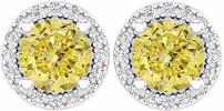 10K White Gold Round Yellow Sapphire & White Diamond Ladies Halo Stud Earrings