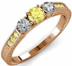 Yellow Sapphire and Diamond 3 Stone Ring with Side Yellow Sapphire 0.85 ct tw in 14K Rose Gold